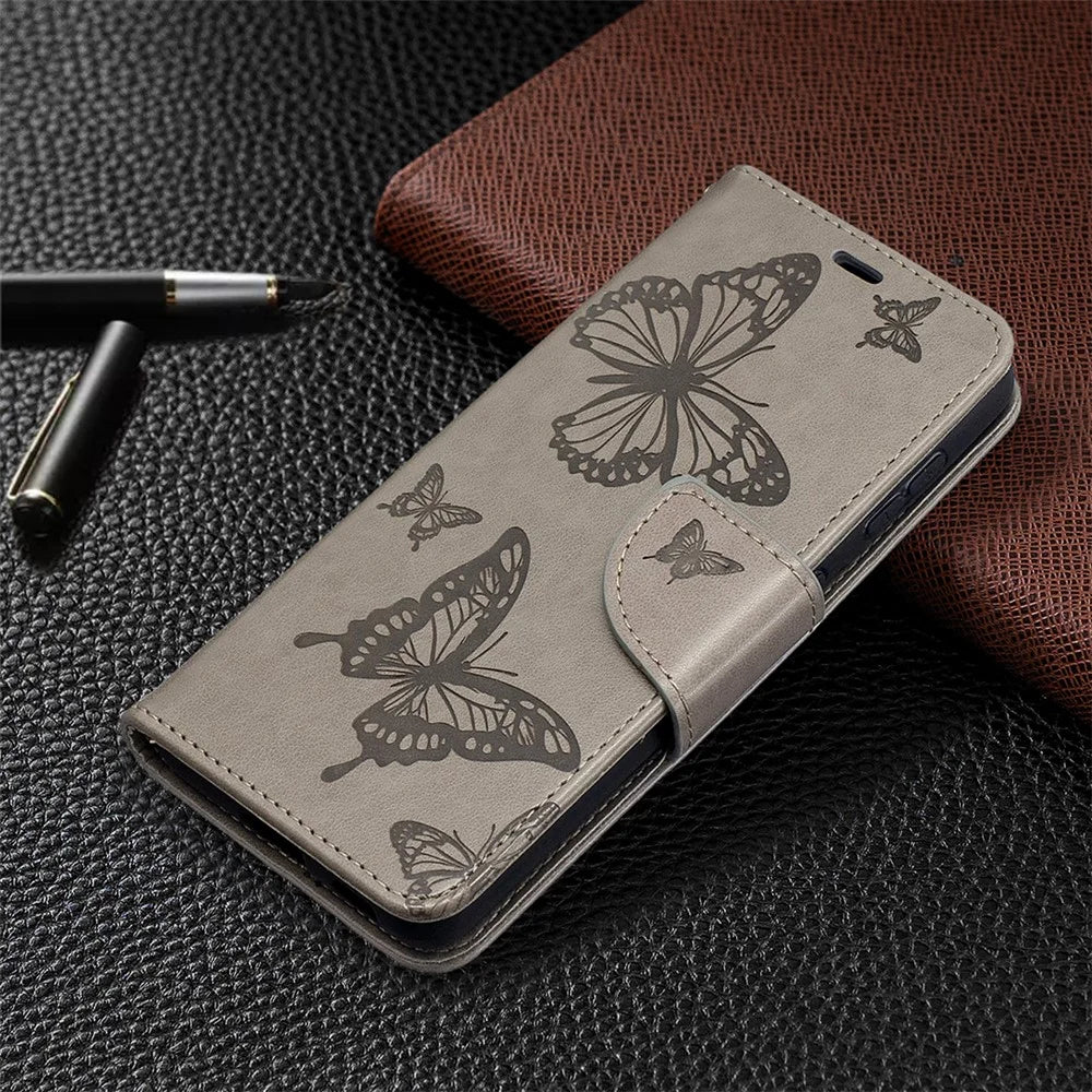 Imprint Butterflies Pattern Wallet Stand Leather Phone Cover for Samsung Galaxy S21 4G / 5G - Grey - 7