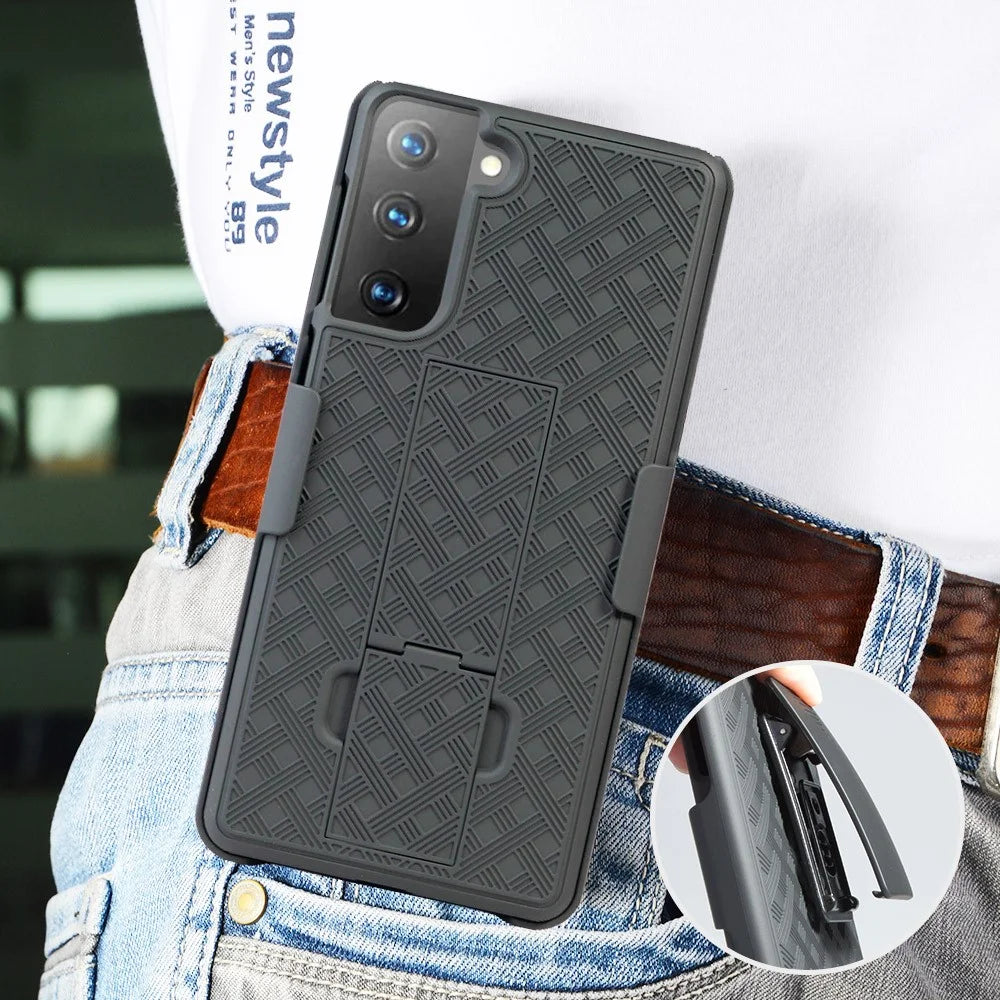 Woven Texture Swivel Belt Clip Built-in Kickstand PC Hard Case for Samsung Galaxy S21+ 5G - 3
