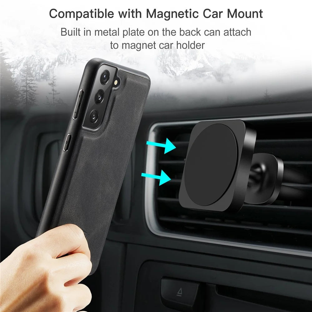 JEEHOOD Magnetic Wallet Design Detachable 2 in 1 Leather Coated TPU Case for Samsung Galaxy S21 4G/5G - Black - 6