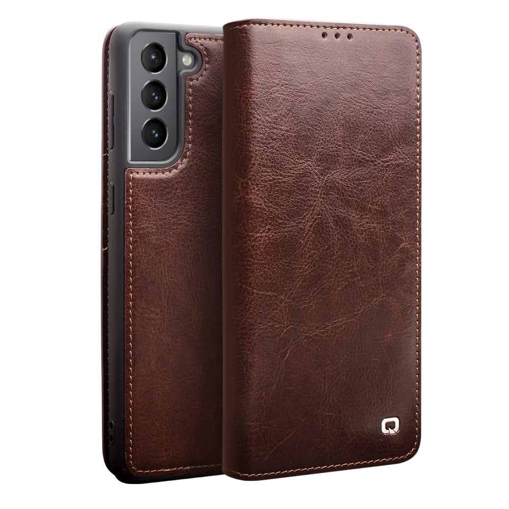 QIALINO Wallet Design Genuine Leather Folio Flip Stand Phone Case Cover for Samsung Galaxy S21 4G / 5G - Brown - 2