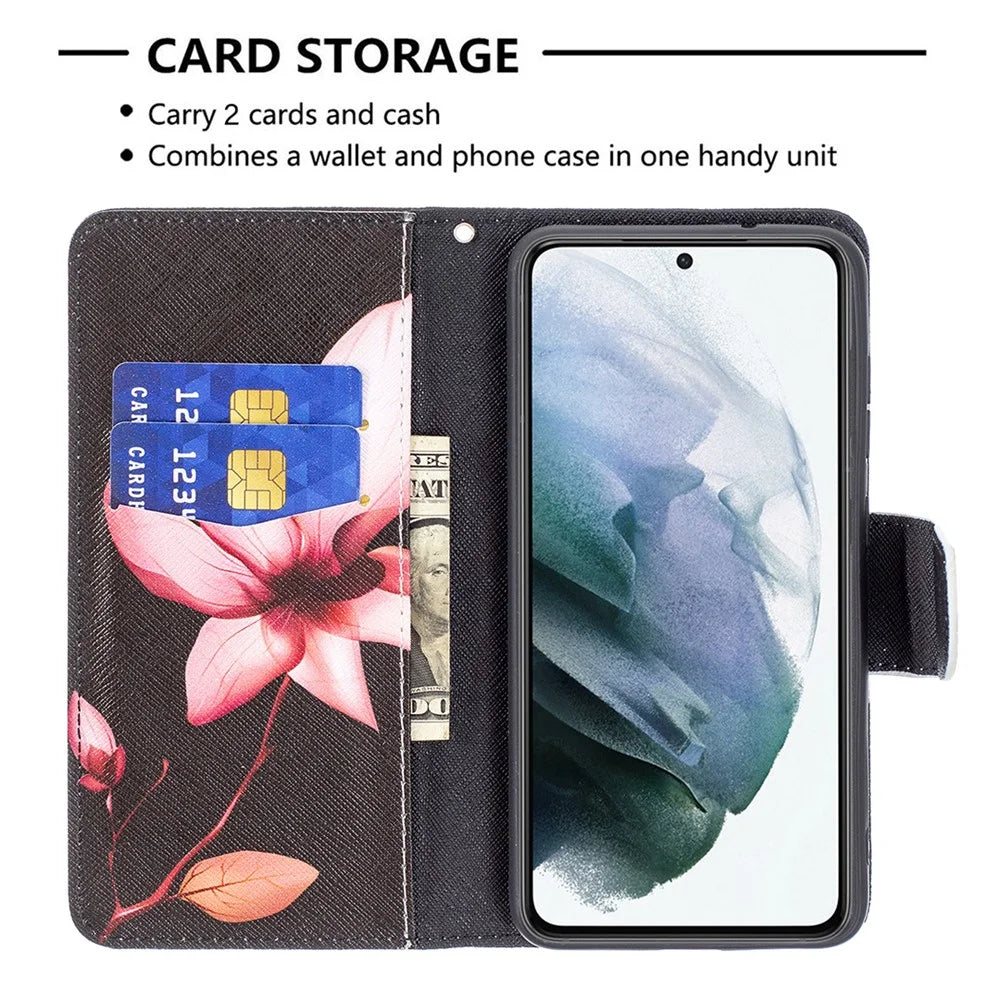 Wallet Design Pattern Printing Full Protection Leather Stand Cover Case for Samsung Galaxy S21 FE 5G - Vivid Flower - 5
