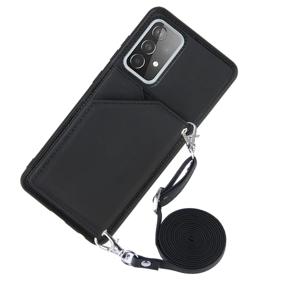 Smooth Leather Card Holder Design Phone Stand Case with Shoulder Strap for Samsung Galaxy A52 4G/5G / A52s 5G / A52s 5G - Black - 2