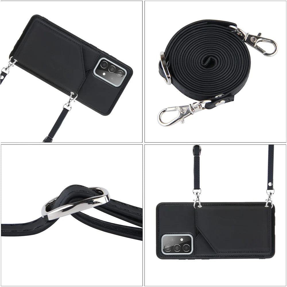 Smooth Leather Card Holder Design Phone Stand Case with Shoulder Strap for Samsung Galaxy A52 4G/5G / A52s 5G / A52s 5G - Black - 7