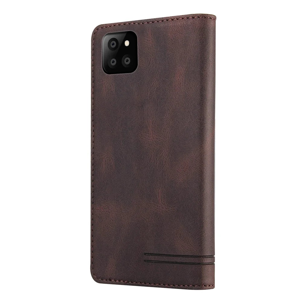 GQ.UTROBE Auto-absorbed Leather Wallet Phone Case with Anti-theft Swiping Design for Samsung Galaxy A22 5G (EU Version) - Coffee - 3