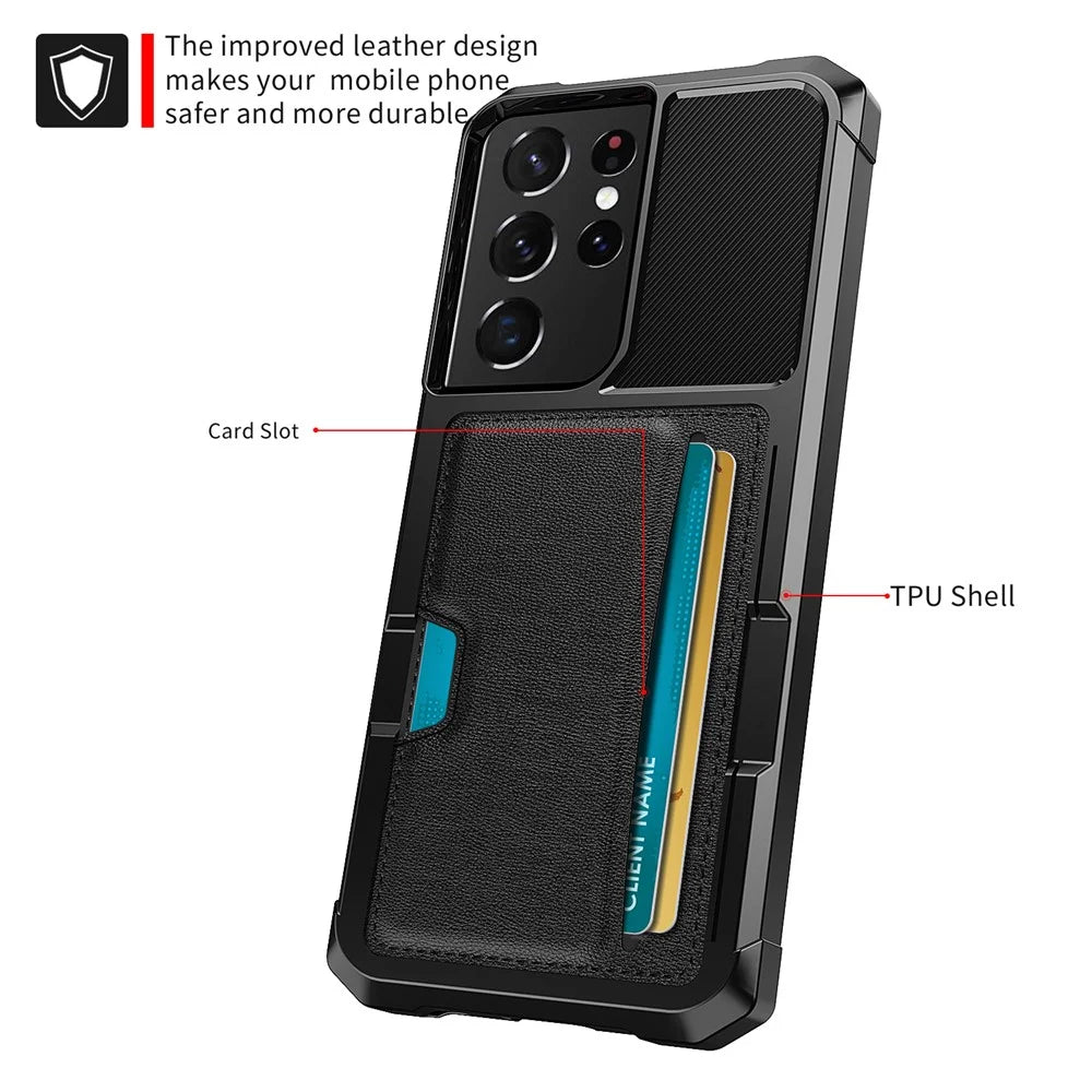 ZM02 Anti-Drop PU Leather Coated TPU Hybrid Case with Card Holder and Built-in Magnetic Sheet for Samsung Galaxy S21 Ultra 5G - Black - 2