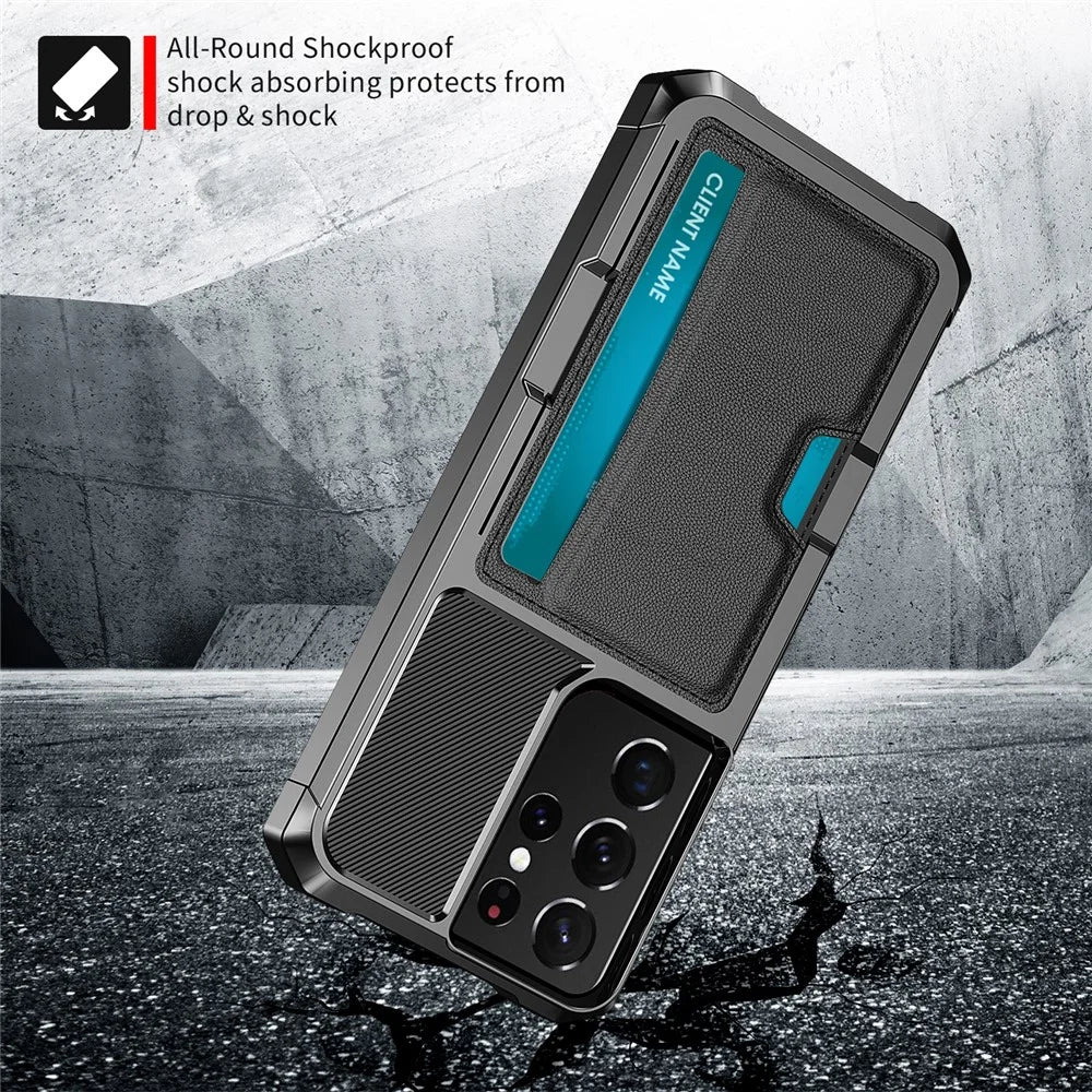 ZM02 Anti-Drop PU Leather Coated TPU Hybrid Case with Card Holder and Built-in Magnetic Sheet for Samsung Galaxy S21 Ultra 5G - Black - 4