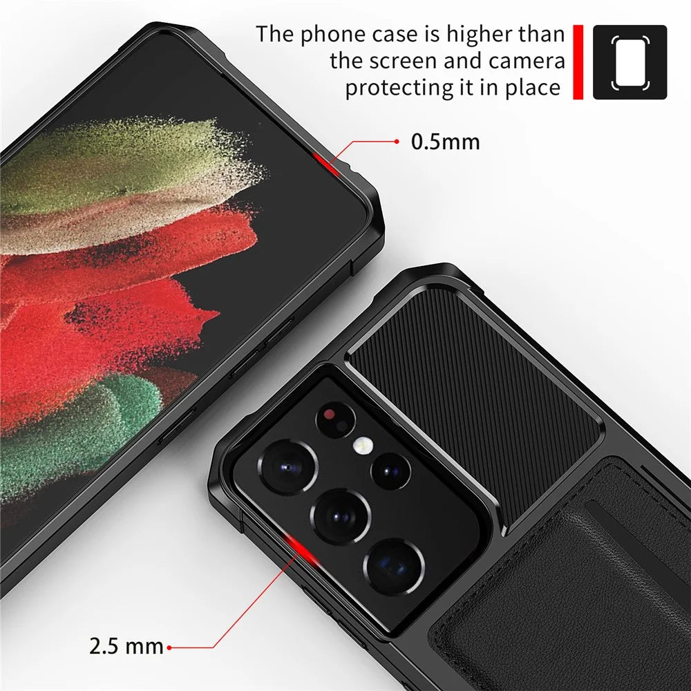 ZM02 Anti-Drop PU Leather Coated TPU Hybrid Case with Card Holder and Built-in Magnetic Sheet for Samsung Galaxy S21 Ultra 5G - Black - 7