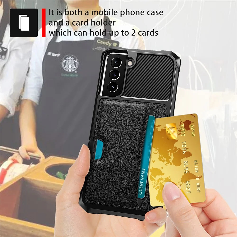 ZM02 Card Slot Design PU Leather Coated TPU Hybrid Case with Built-in Magnetic Sheet for Samsung Galaxy S21 5G/4G - Black - 5