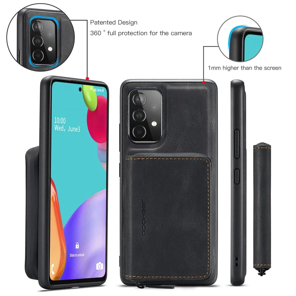 JEEHOOD Magnetic Detachable 2-in-1 Zippered Wallet Leather Hybrid Case with Kickstand for Samsung Galaxy A72 5G/4G - Black - 7