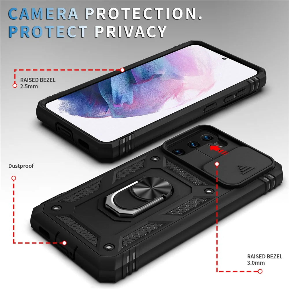 Kickstand 3-in-1 TPU Protection Cover Shockproof PC Shell with Camera Slider for Samsung Galaxy S21 5G/4G - Black - 4