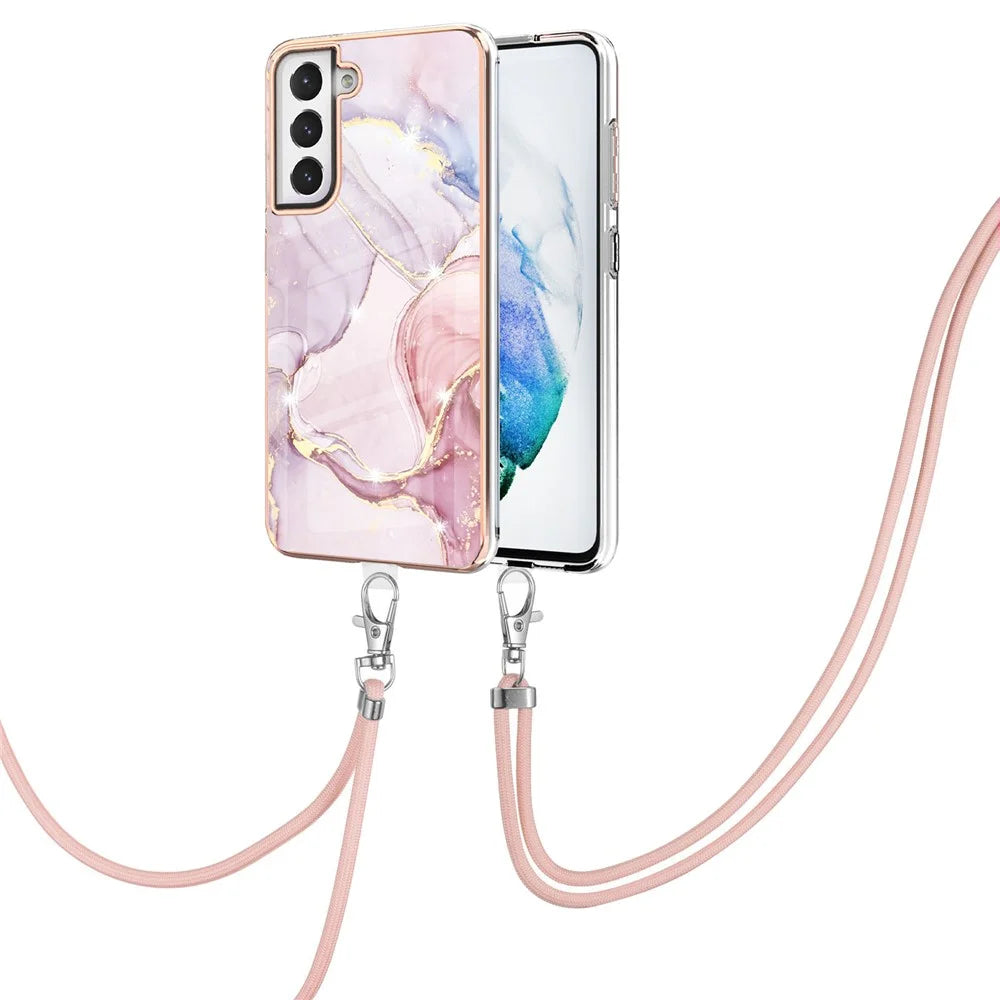 Case with Shoulder Strap IMD IML Flower Pattern TPU Back Cover for Samsung Galaxy S21 FE 5G - Rose Gold 005 - 2