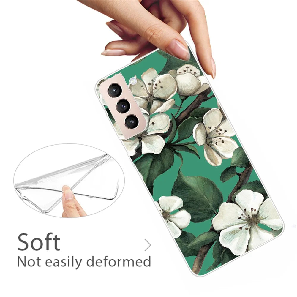 Non-yellowing Soft TPU Pattern Printing Anti-drop Protective Phone Case Cover for Samsung Galaxy S22 5G - White Flower - 2