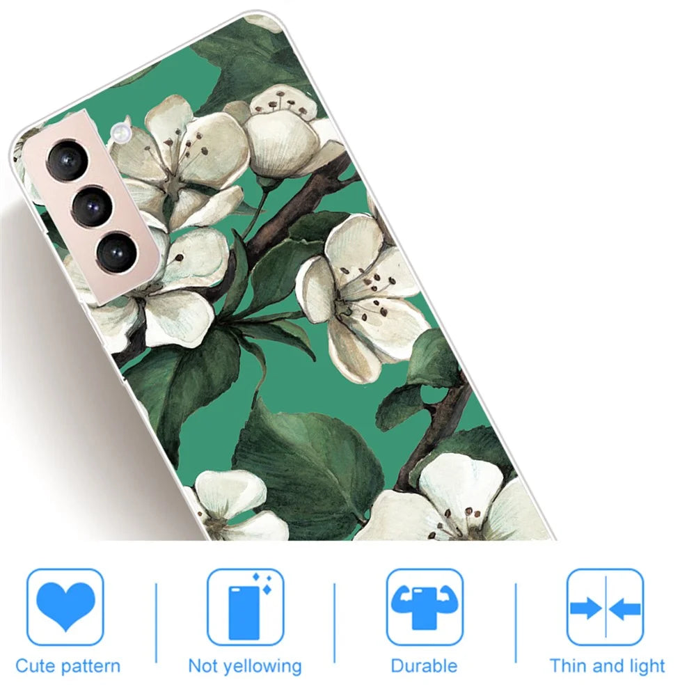Non-yellowing Soft TPU Pattern Printing Anti-drop Protective Phone Case Cover for Samsung Galaxy S22 5G - White Flower - 3