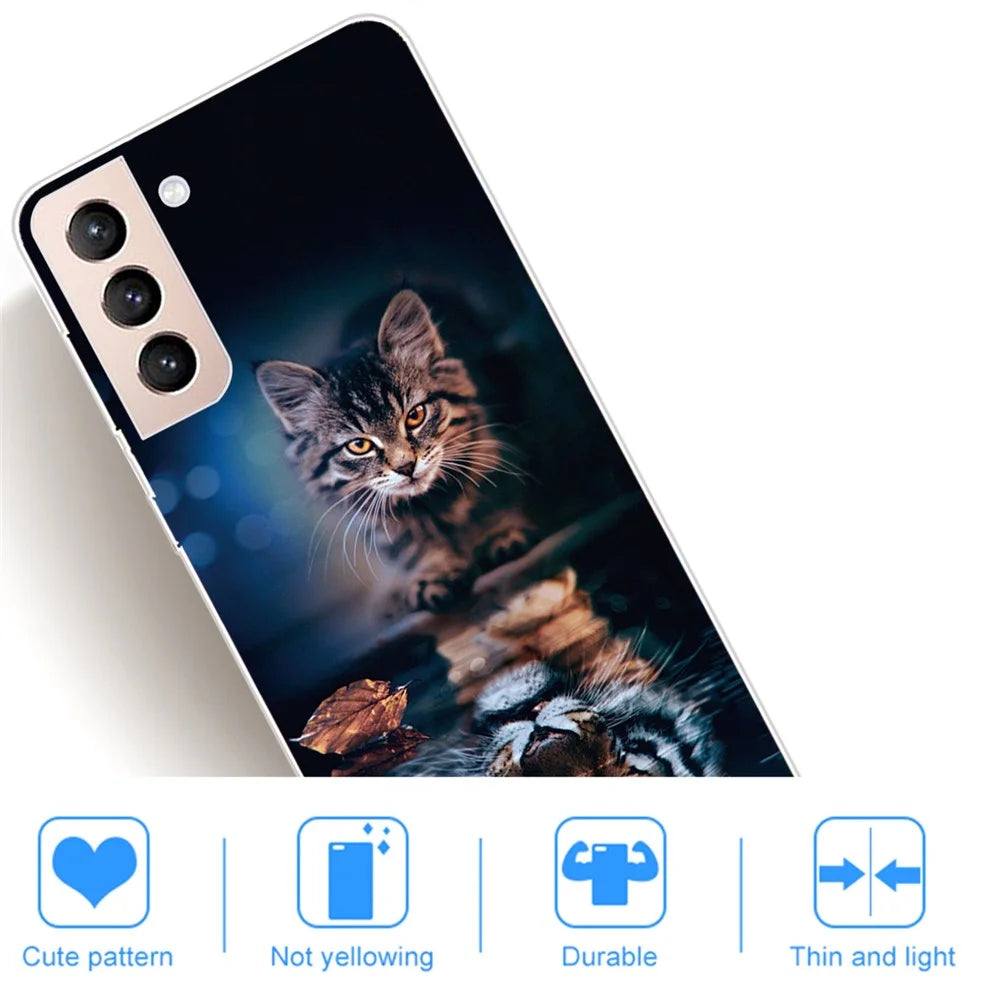 Soft Flexible TPU Shockproof Protective Pattern Printing Cover for Samsung Galaxy S22 5G - Cat and Tiger - 3