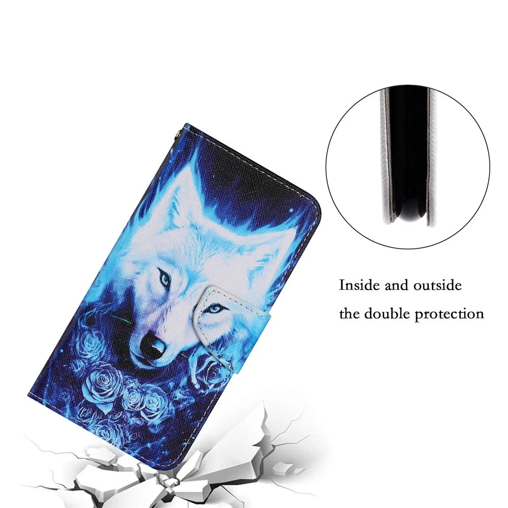 Full Protection Pattern Printing Leather Stand Wallet Case Phone Cover Protector with Wrist Strap for Samsung Galaxy S22 Ultra 5G - Rose and Wolf - 7