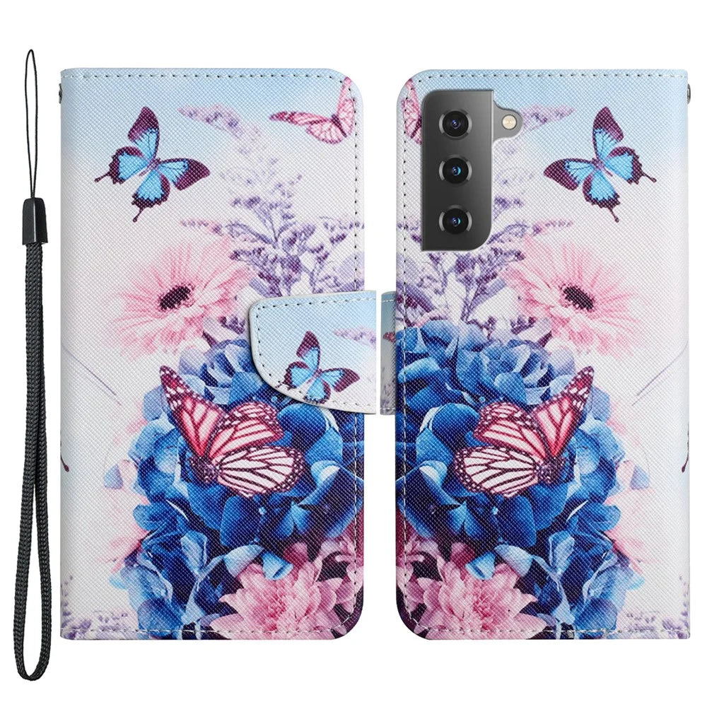 Cross Texture Pattern Printing All-round Protection Leather Phone Case Stand Wallet Shell with Hand Strap for Samsung Galaxy S22+ 5G - Purple Butterfly - 1