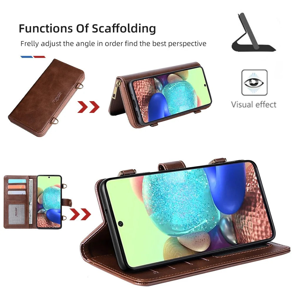 MEGSHI 020 Series Magnetic Absorption Wallet Anti-fall Detachable Design PU Leather TPU Case Shell with Long Strap for Samsung Galaxy A71 5G SM-A716 - Brown - 6