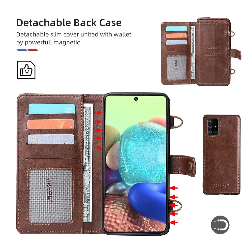 MEGSHI 020 Series Magnetic Absorption Wallet Anti-fall Detachable Design PU Leather TPU Case Shell with Long Strap for Samsung Galaxy A71 5G SM-A716 - Brown - 7