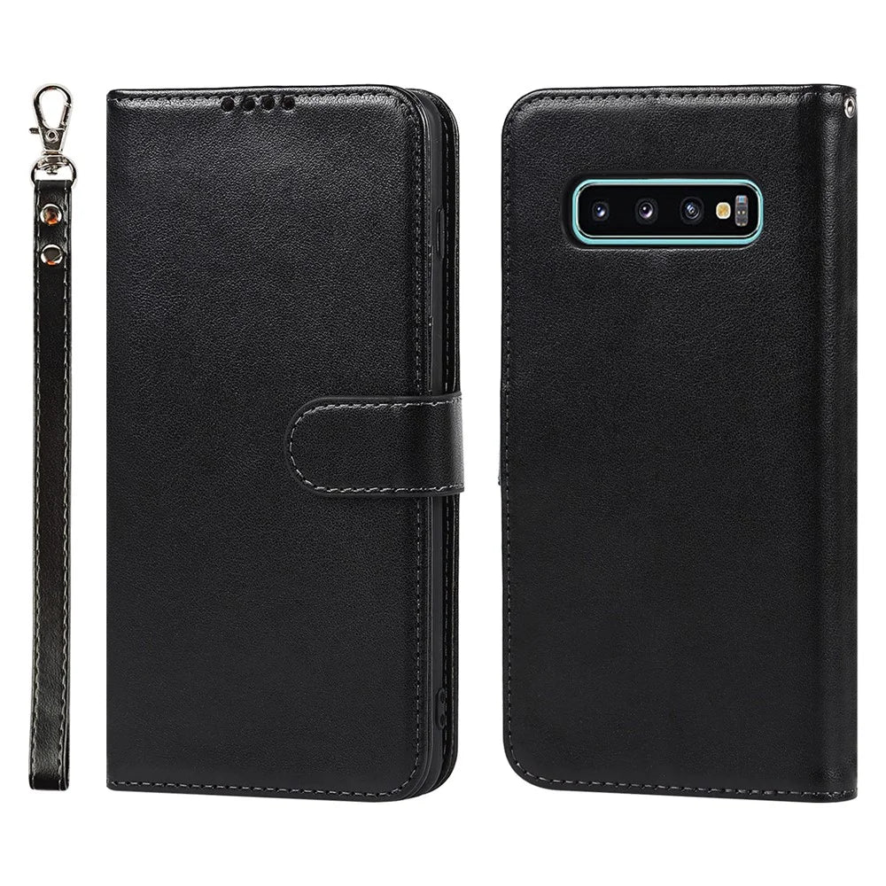 R61 Texture Felled Seam Phone Case Wrist Strap Anti-drop PU Leather Wallet Cover with Stand for Samsung Galaxy S10 - Black - 1
