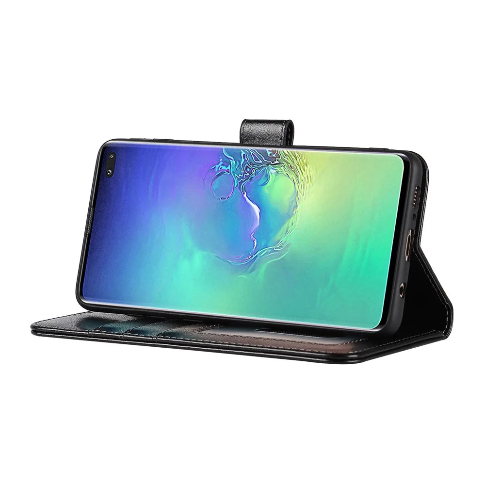 R61 Texture Felled Seam Phone Case Wrist Strap Anti-drop PU Leather Wallet Cover with Stand for Samsung Galaxy S10 - Black - 5