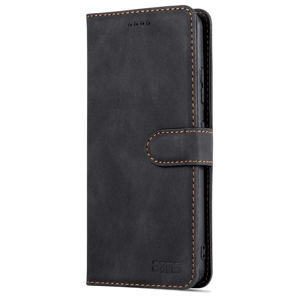 AZNS Wallet Stand Leather Case Magnetic Closure Anti-fall Flip Phone Case Protector for Samsung Galaxy S22 5G - Black - 2