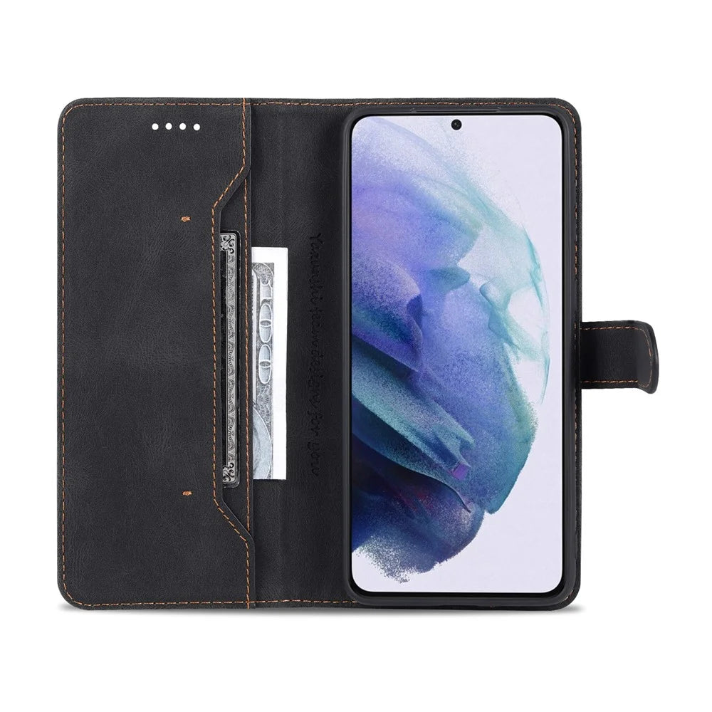 AZNS Wallet Stand Leather Case Magnetic Closure Anti-fall Flip Phone Case Protector for Samsung Galaxy S22 5G - Black - 4