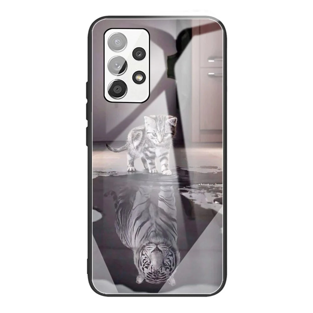 Tempered Glass Back Flexible TPU Bumper Anti-Scratch Pattern Printing Case for Samsung Galaxy A53 5G - Cat and Tiger - 1