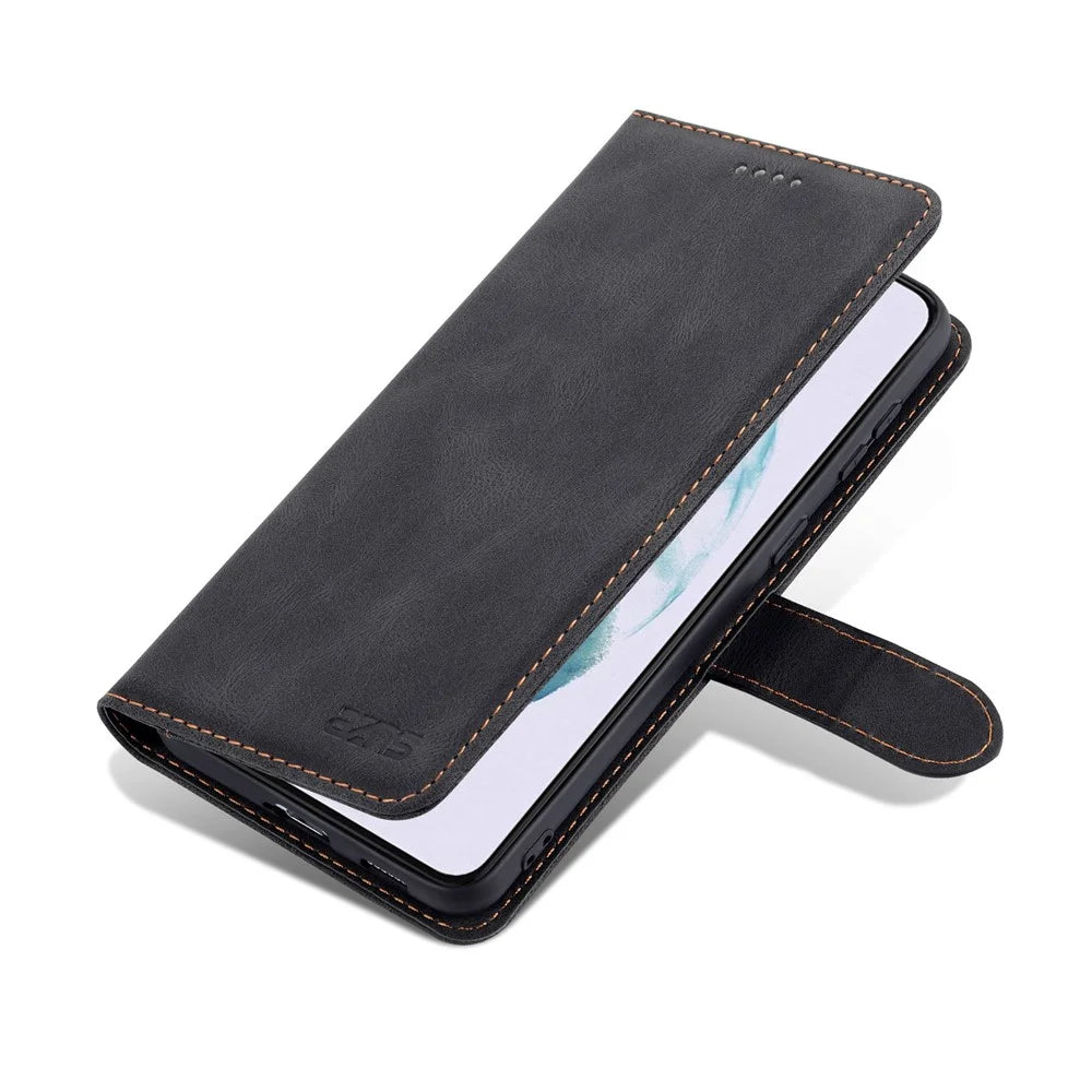 AZNS Mobile Phone Shell PU Leather Flip Wallet Case Stand Shockproof TPU Inner Phone Cover for Samsung Galaxy S21 FE 5G - Black - 7