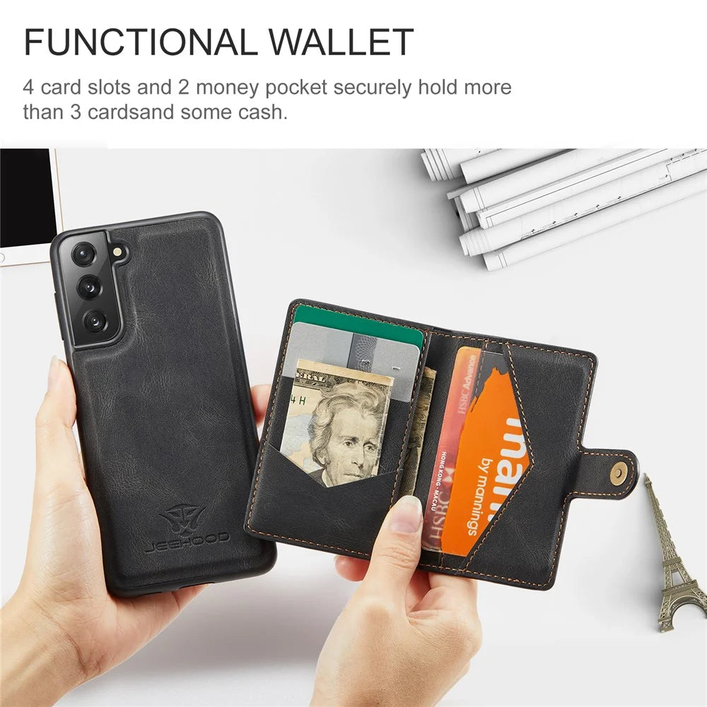 JEEHOOD Detachable -2-in-1 Wallet Kickstand Design Leather Coated TPU Phone Case for Samsung Galaxy S22 5G - Black - 4