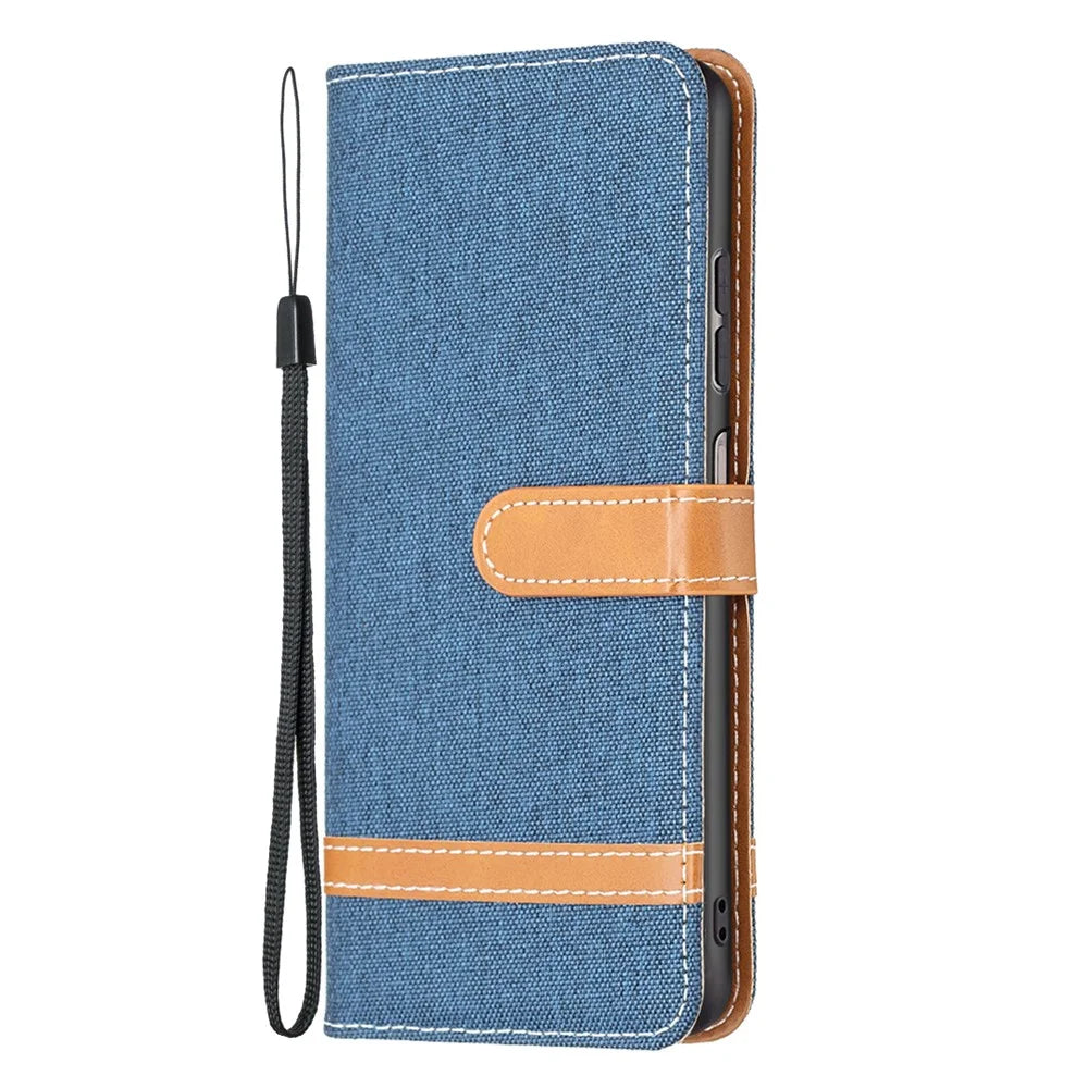 For Samsung Galaxy A13 4G / A13 5G / A04 4G (164.4 x 76.3 x 9.1 mm) Jeans Cloth Texture PU Leather Color Matching Wallet Cover - Navy Blue - 2