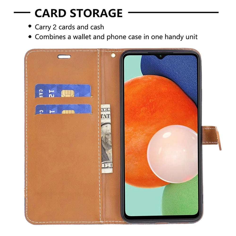 For Samsung Galaxy A13 4G / A13 5G / A04 4G (164.4 x 76.3 x 9.1 mm) Jeans Cloth Texture PU Leather Color Matching Wallet Cover - Navy Blue - 6