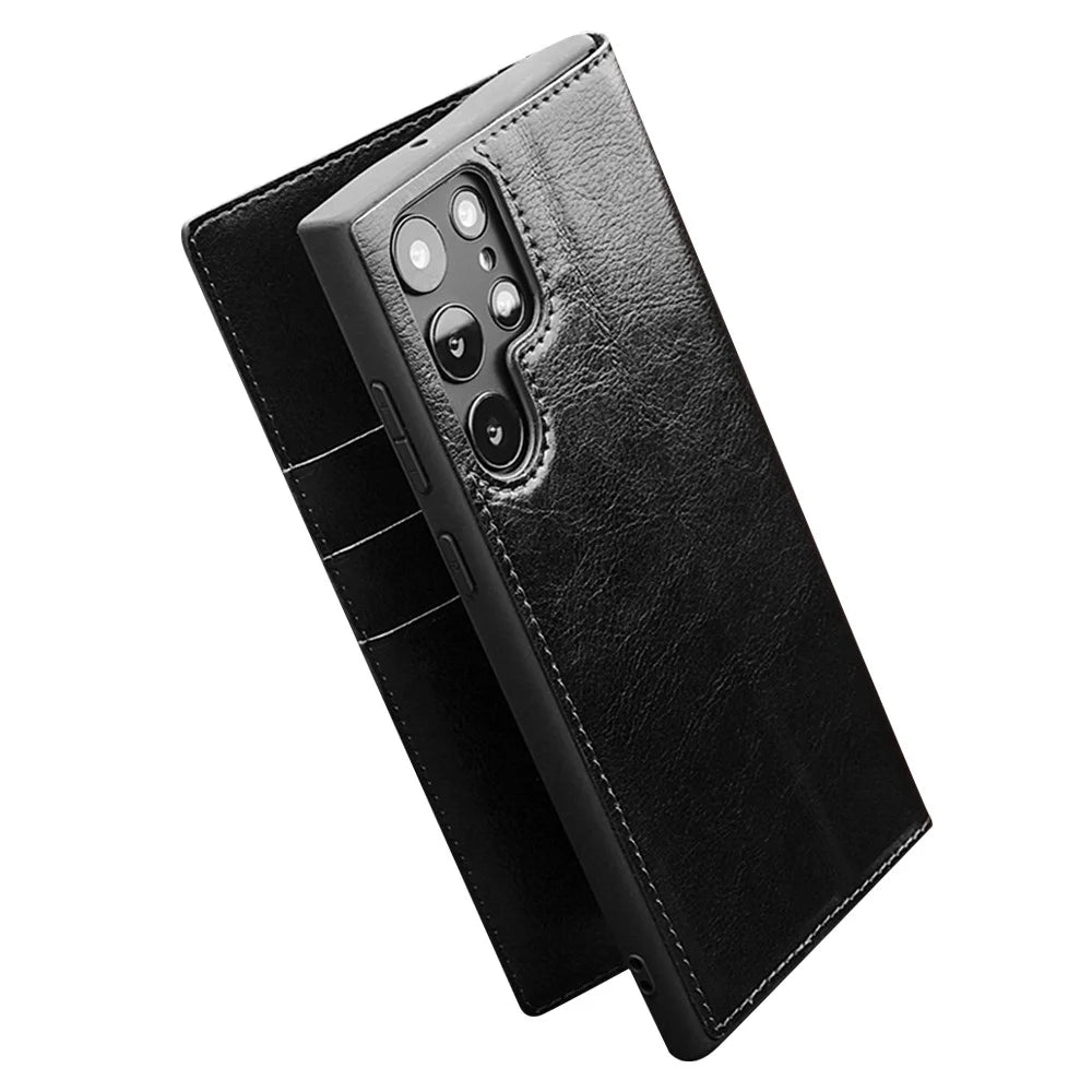 QIALINO for Samsung Galaxy S22 Ultra 5G Folio Flip Wallet Stand Design Shockproof Genuine Leather Cell Phone Case - Black - 3