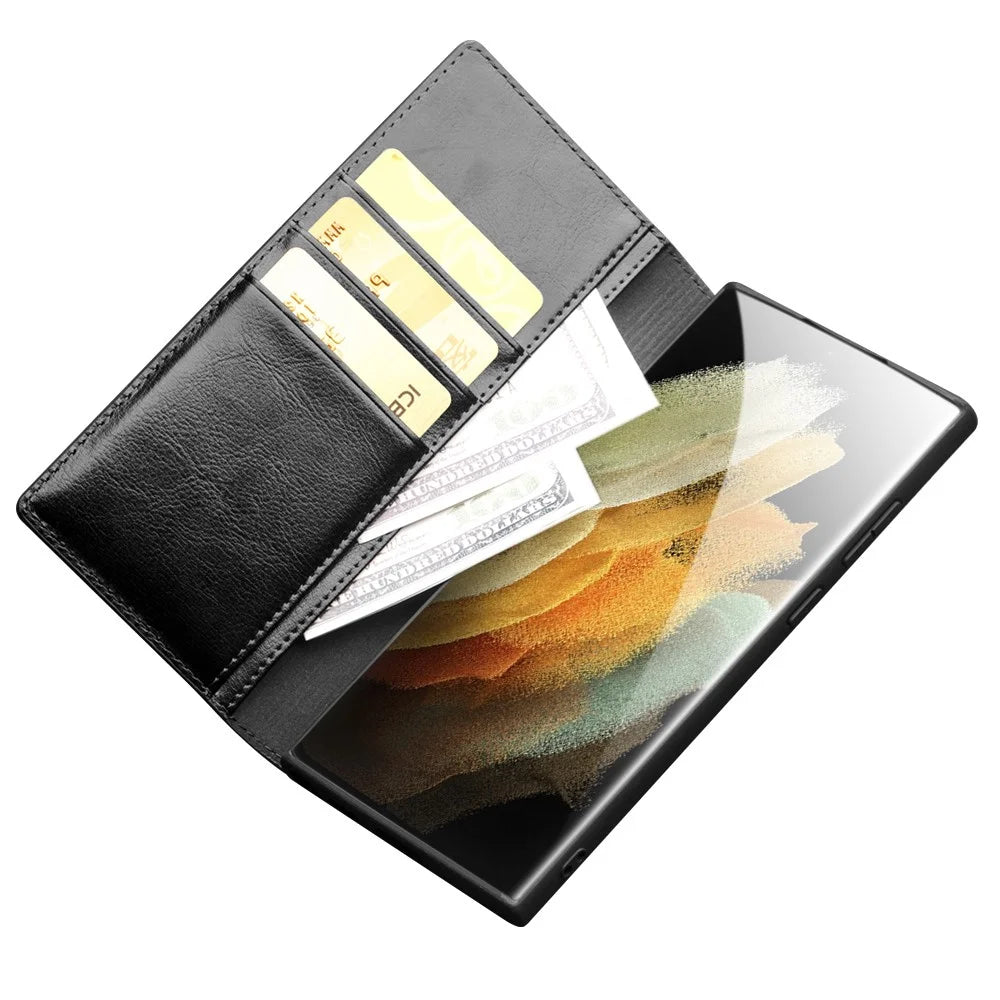 QIALINO for Samsung Galaxy S22 Ultra 5G Folio Flip Wallet Stand Design Shockproof Genuine Leather Cell Phone Case - Black - 5