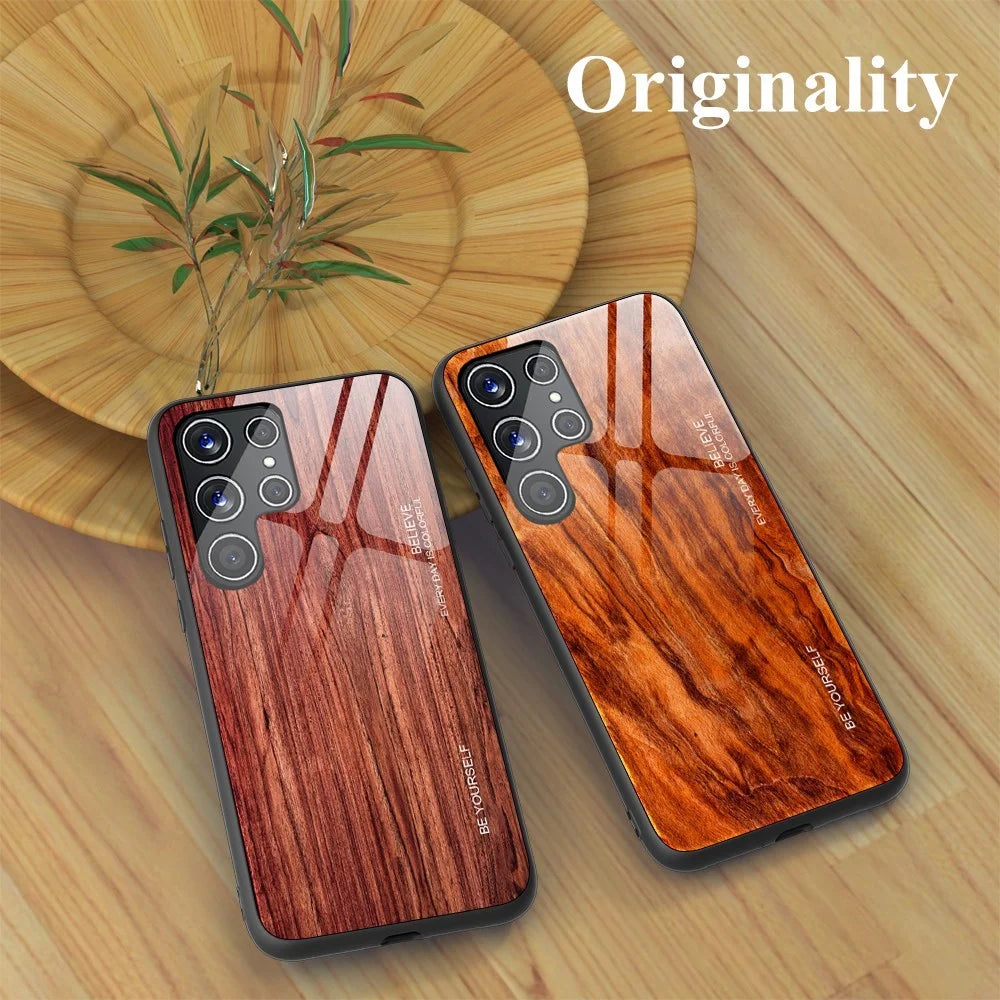For Samsung Galaxy S22 Ultra 5G Wooden Pattern Tempered Glass Back + TPU Edge Hybrid Phone Cover Case - Orange - 4