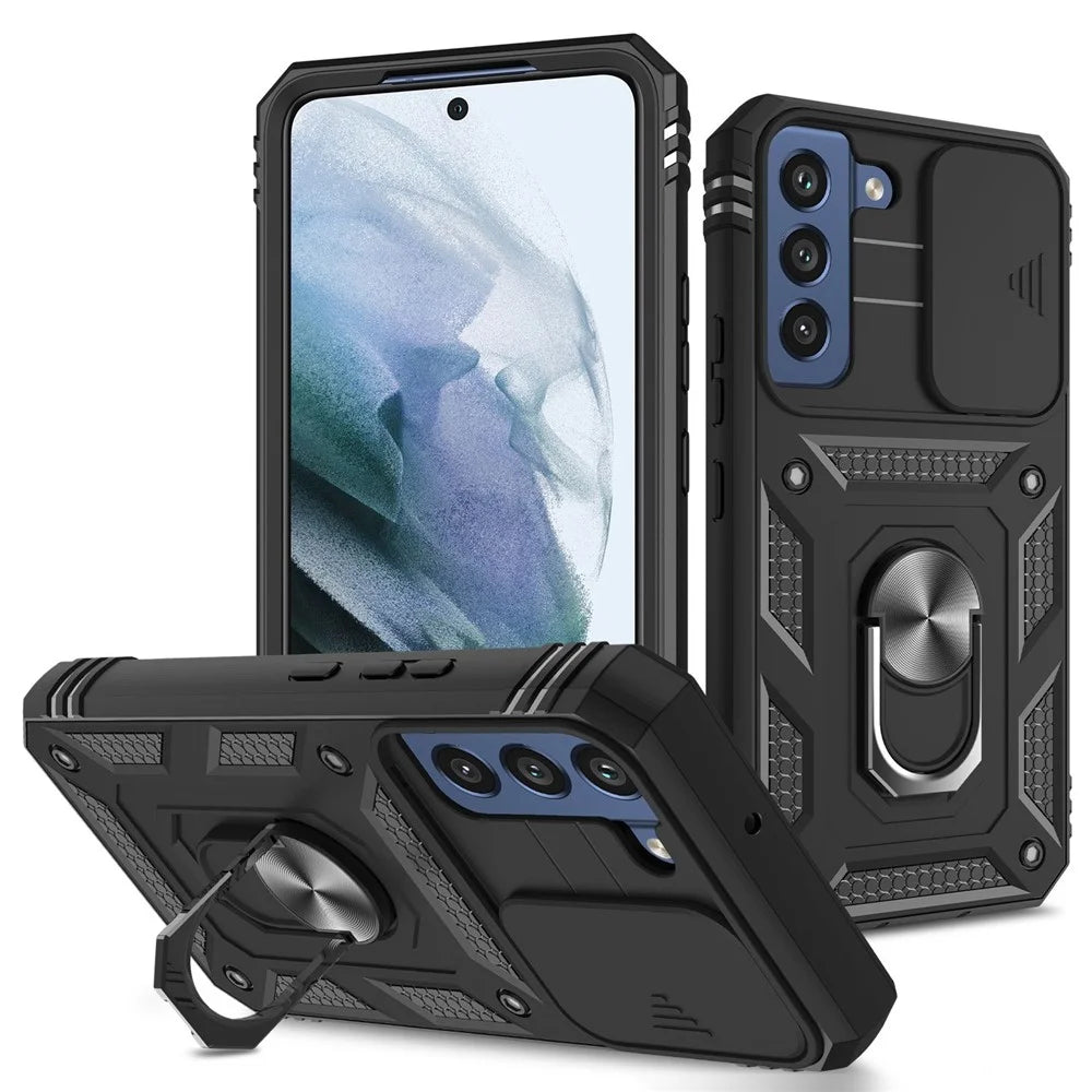For Samsung Galaxy S22 5G Case Ring Kickstand Anti-Scratch Hard PC + TPU Bumper Shockproof Protective Cover with Sliding Camera Lens Protector - Black/Black - 1