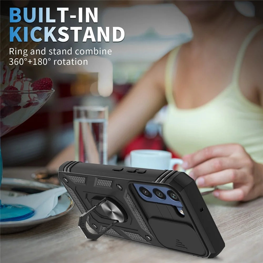 For Samsung Galaxy S22 5G Case Ring Kickstand Anti-Scratch Hard PC + TPU Bumper Shockproof Protective Cover with Sliding Camera Lens Protector - Black/Black - 2