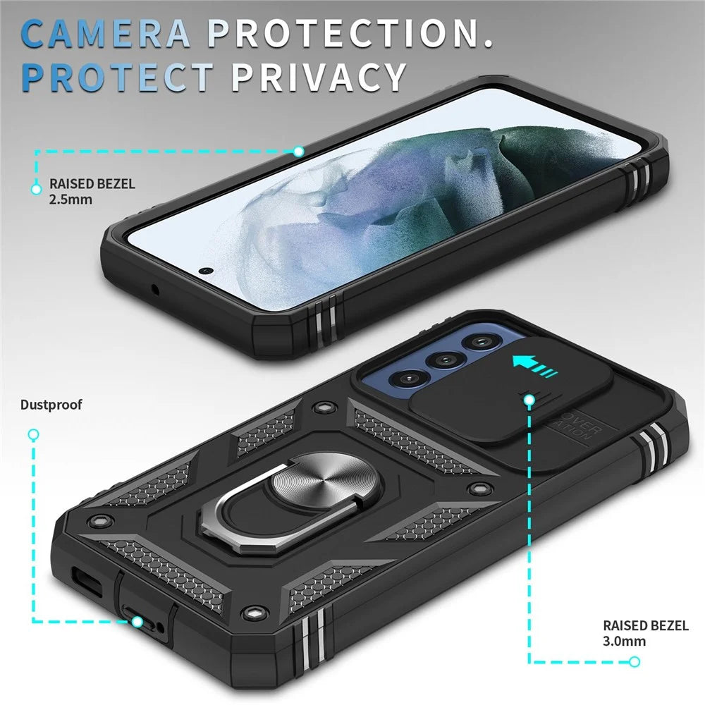 For Samsung Galaxy S22 5G Case Ring Kickstand Anti-Scratch Hard PC + TPU Bumper Shockproof Protective Cover with Sliding Camera Lens Protector - Black/Black - 4
