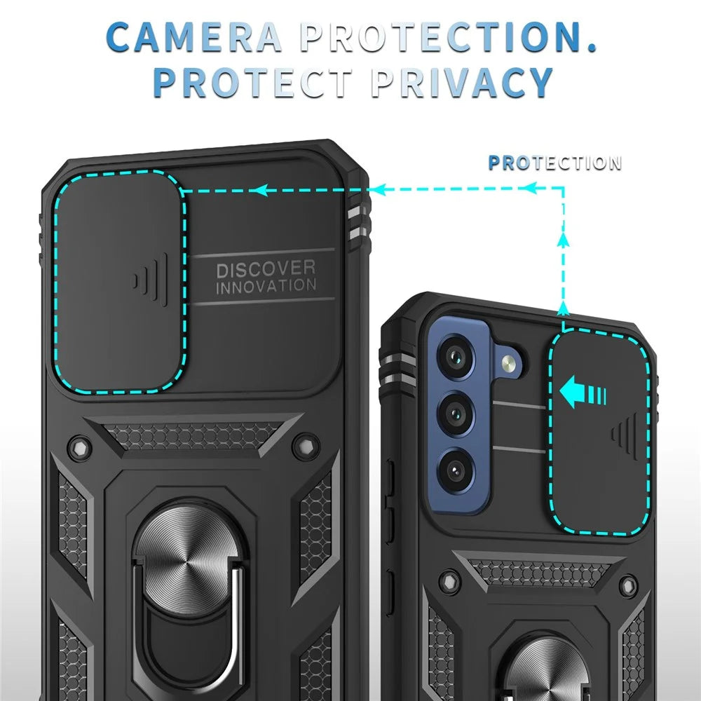 For Samsung Galaxy S22 5G Case Ring Kickstand Anti-Scratch Hard PC + TPU Bumper Shockproof Protective Cover with Sliding Camera Lens Protector - Black/Black - 5