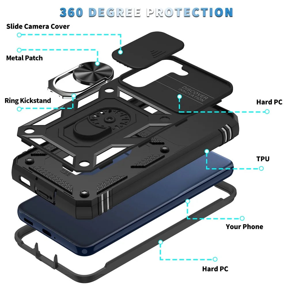 For Samsung Galaxy S22 5G Case Ring Kickstand Anti-Scratch Hard PC + TPU Bumper Shockproof Protective Cover with Sliding Camera Lens Protector - Black/Black - 6