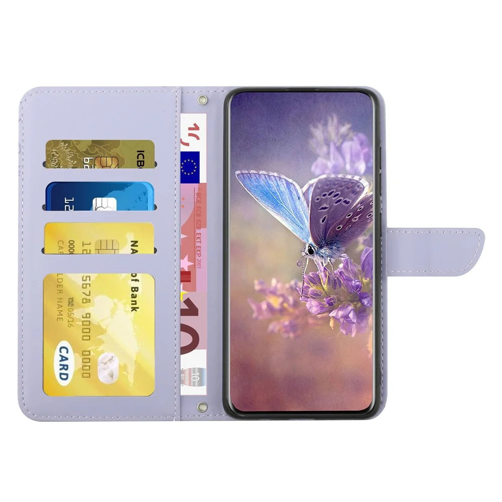Wallet Phone Case for Samsung Galaxy A03s (166.5mm) PU Leather Cover Butterflies Imprint Anti-fall Stand Case with Strap - Purple - 2
