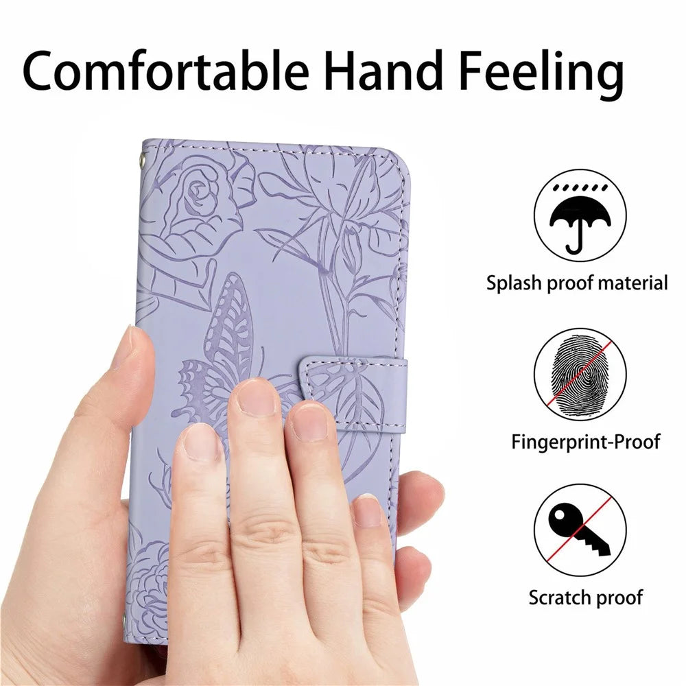 Wallet Phone Case for Samsung Galaxy A03s (166.5mm) PU Leather Cover Butterflies Imprint Anti-fall Stand Case with Strap - Purple - 5