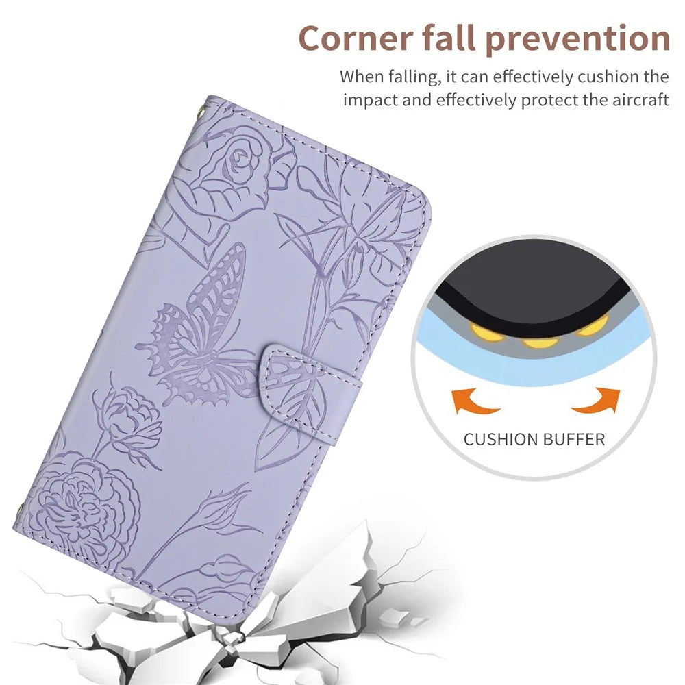 Wallet Phone Case for Samsung Galaxy A03s (166.5mm) PU Leather Cover Butterflies Imprint Anti-fall Stand Case with Strap - Purple - 6