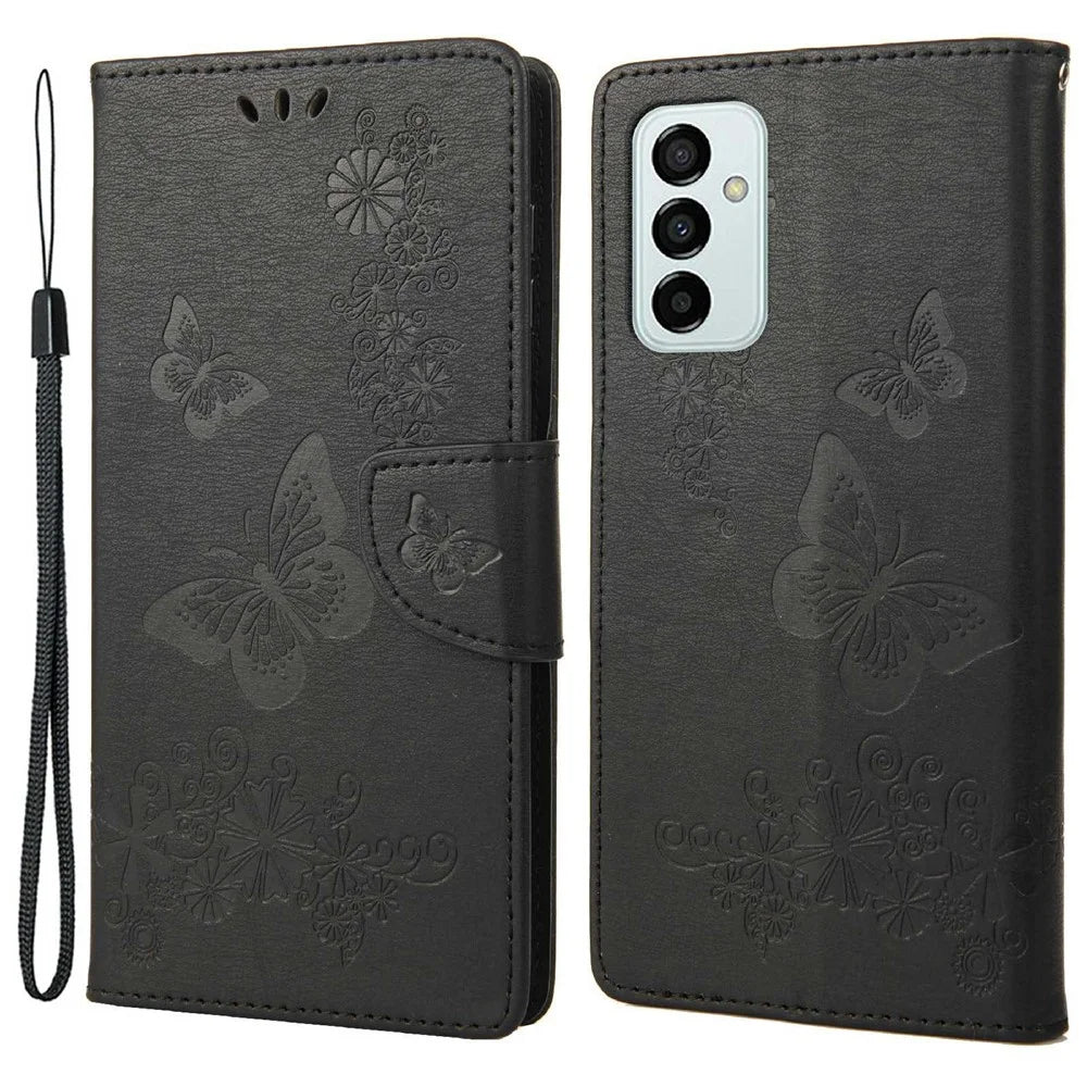 For Samsung Galaxy M23 5G/F23 5G PU Leather Butterfly Flower Imprinted Case Stand Wallet Design Protective Phone Cover - Black - 1