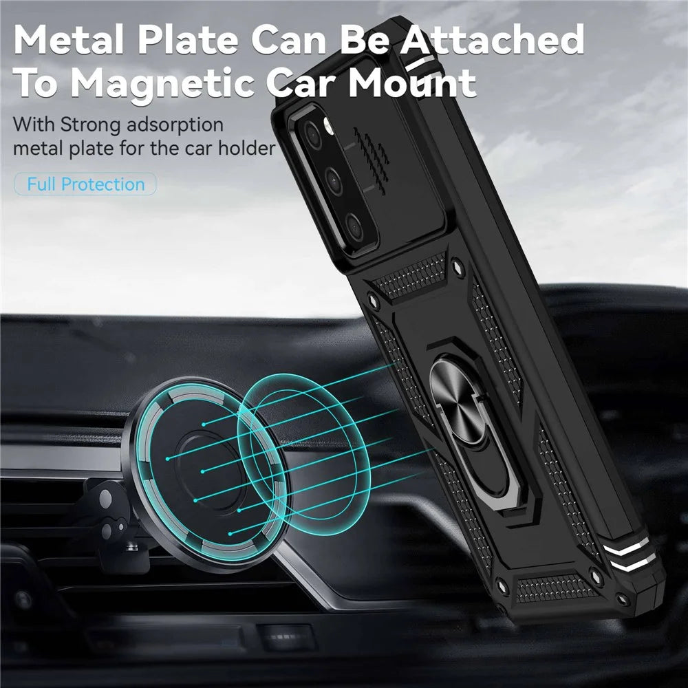 For Samsung Galaxy A03s (165.8mm) (US) Ring Kickstand Phone Case Hard PC + TPU Shockproof Anti-drop Shell with Slide Camera Protection Cover - Black - 3