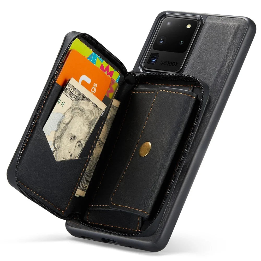 JEEHOOD For Samsung Galaxy S20 Ultra 4G/S20 Ultra 5G Zipper Wallet PU Leather Coated TPU Cover Kickstand Detachable Phone Case - Black - 4