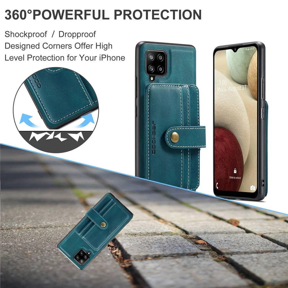 JEEHOOD for Samsung Galaxy A12 Strong Magnet Wallet Detachable Design Phone Protector Leather Coated TPU RFID Blocking Case - Blue - 4