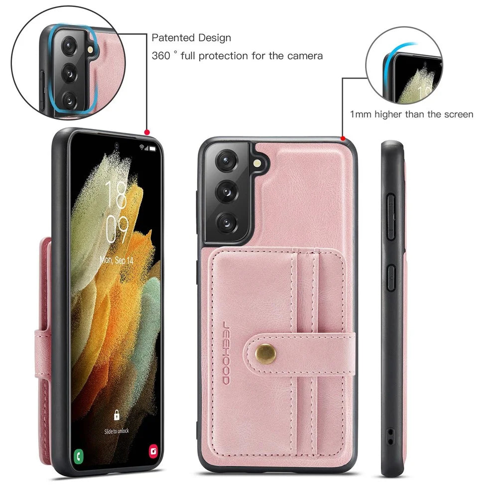 JEEHOOD Detachable Case for Samsung Galaxy S21+ 5G Independent Wallet Design PU Leather Coated TPU RFID Blocking Phone Shell - Pink - 7
