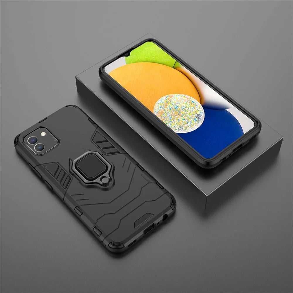 For Samsung Galaxy A03 (166.5mm) TPU+PC Shockproof Protection Case Military Grade Armor Ring Holder Back Cover - Black - 7