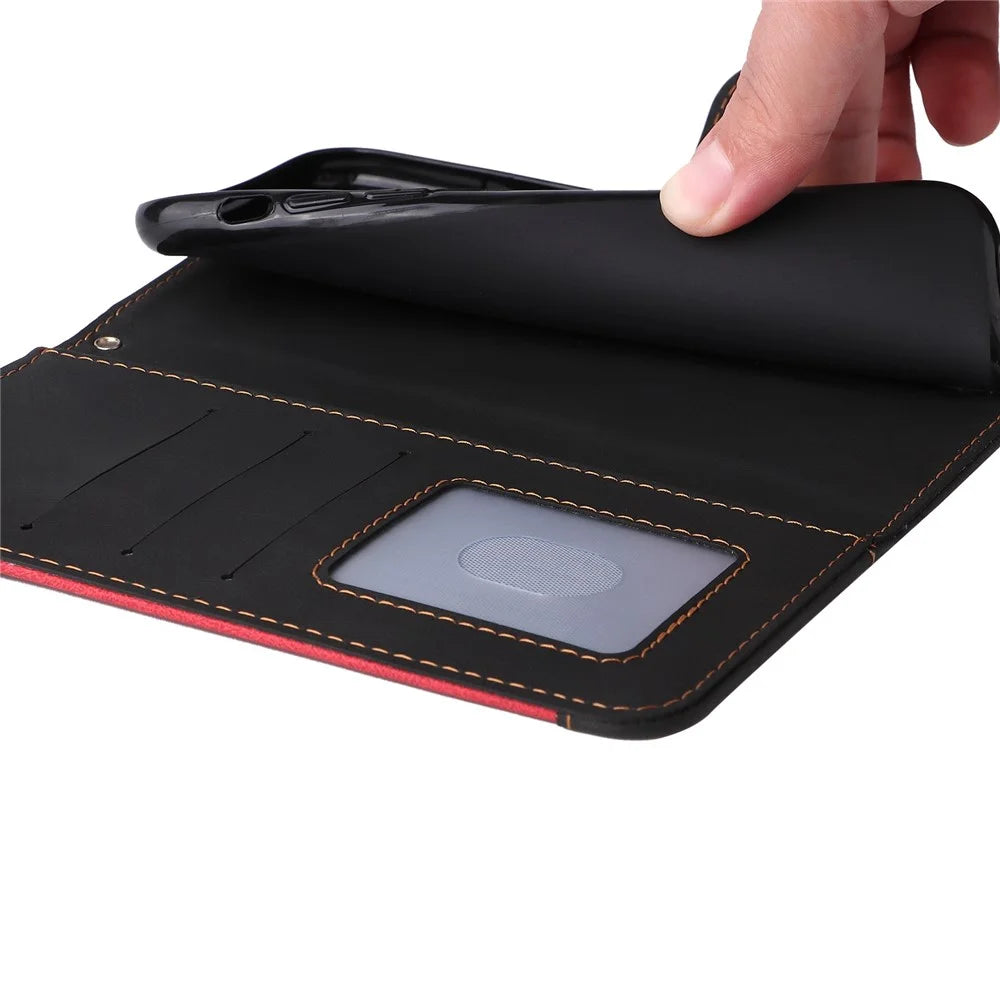 For Samsung Galaxy A23 5G (Global Version) / 4G Mobile Phone Bag Shell PU Leather Wallet Stand Three-color Splicing Style Phone Protection Case - Black - 6