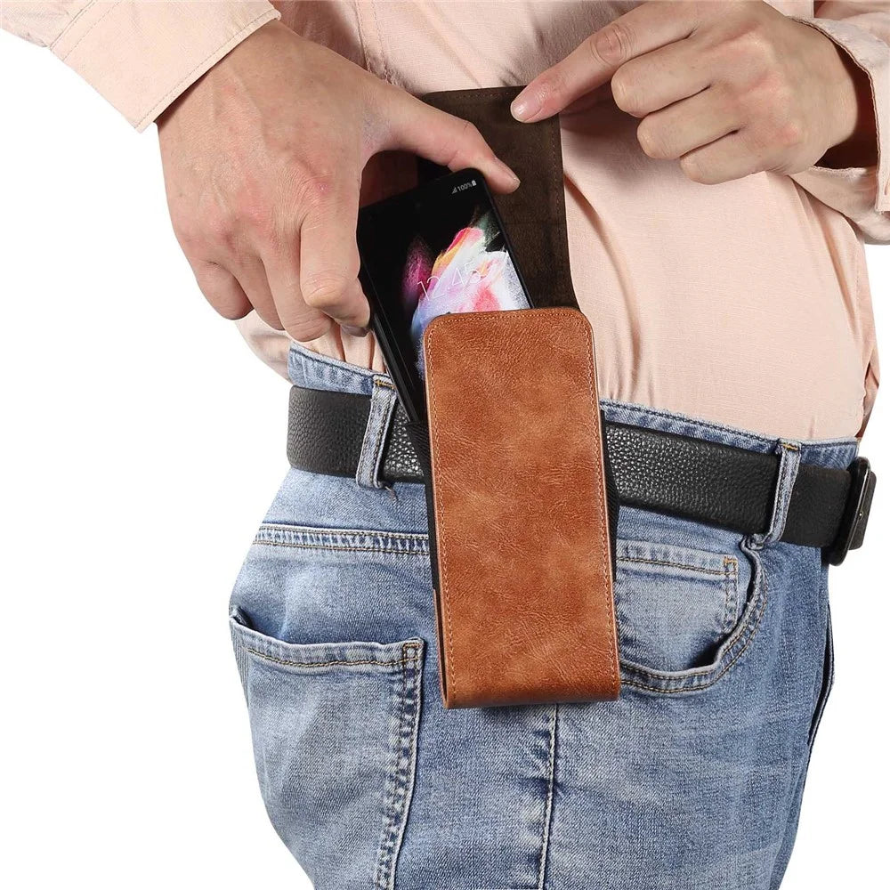 For Samsung Galaxy Z Fold7 5G / Z Fold4 5G / Z Fold3 5G / Huawei Mate X Textured Microfiber Leather Belt Loop Waist Bag Vertical Flip Cellphone Holster Case - Brown - 7